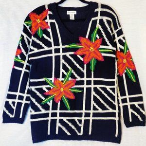 Vintage Eminent V-Neck Floral Windowpane Sweater M